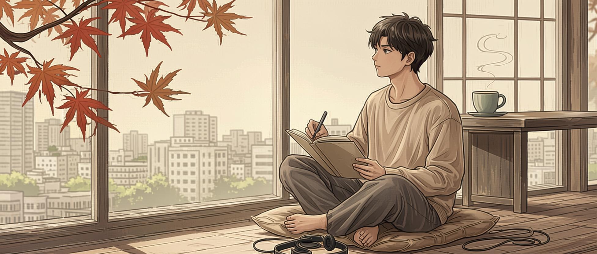 Joven escribiendo un haiku durante una sesión de mindfulness y meditación zazen
